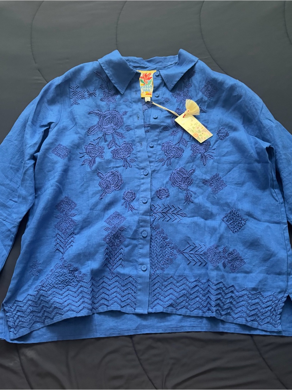 Johnny Was Ruffle Sleeve Shirt in Admiral Blue - Picture 2 of 12